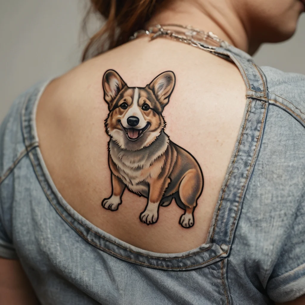 Tattoo of a cheerful corgi, detailed in color, on a shoulder blade, showcasing vibrant hues and lifelike fur texture.