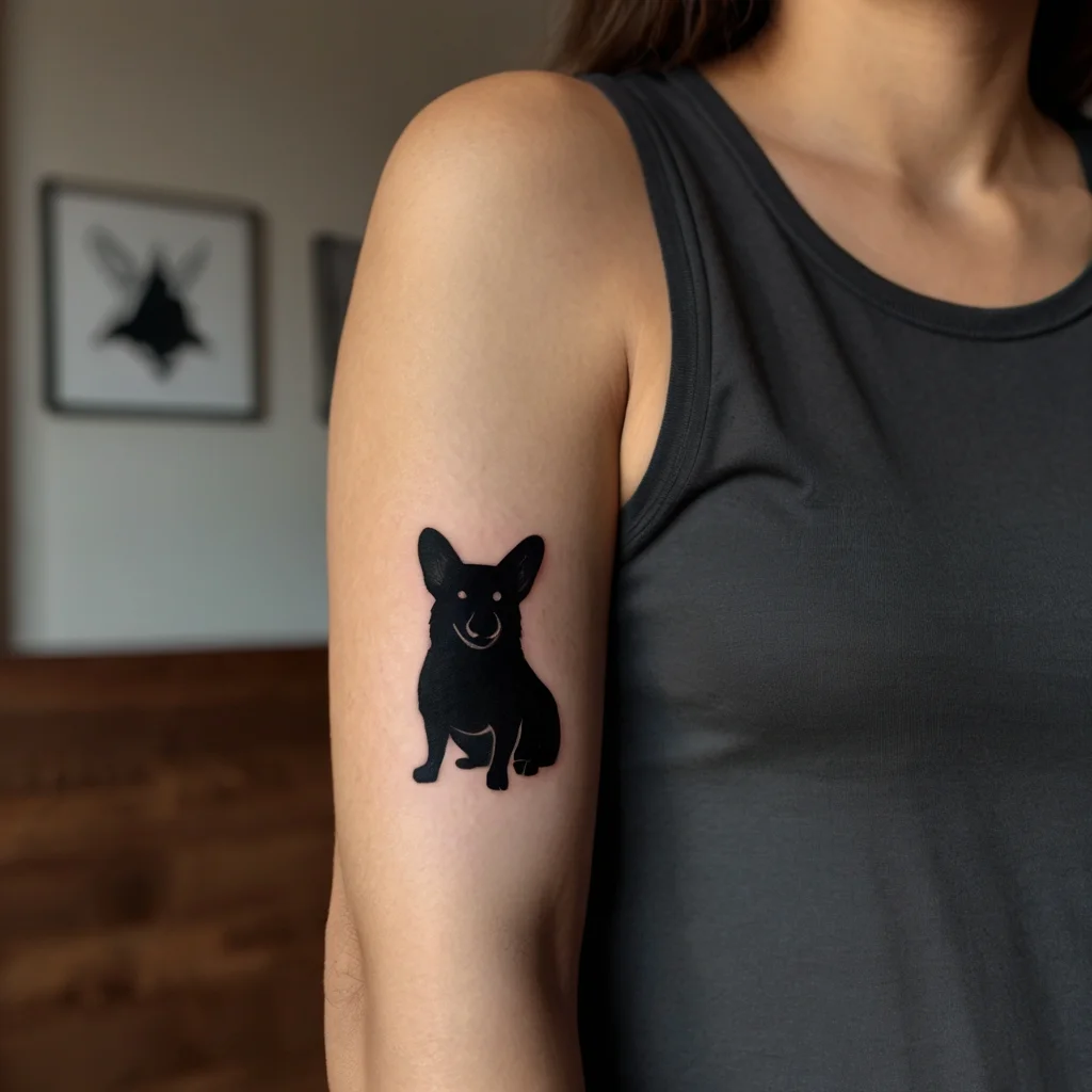 Silhouette tattoo of a small dog on the upper arm, showcasing bold black ink and simple, clean lines.