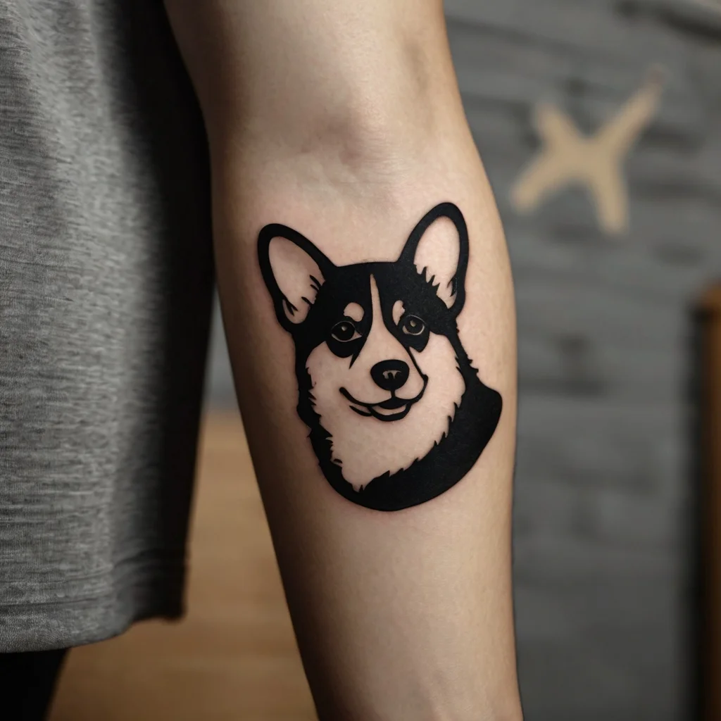 Tattoo of a smiling Corgi in bold black and white lines, showcasing its distinctive ears and friendly expression.