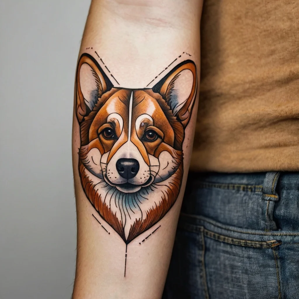 Tattoo of a realistic Corgi face with geometric accents, featuring warm tones and detailed line work on forearm.