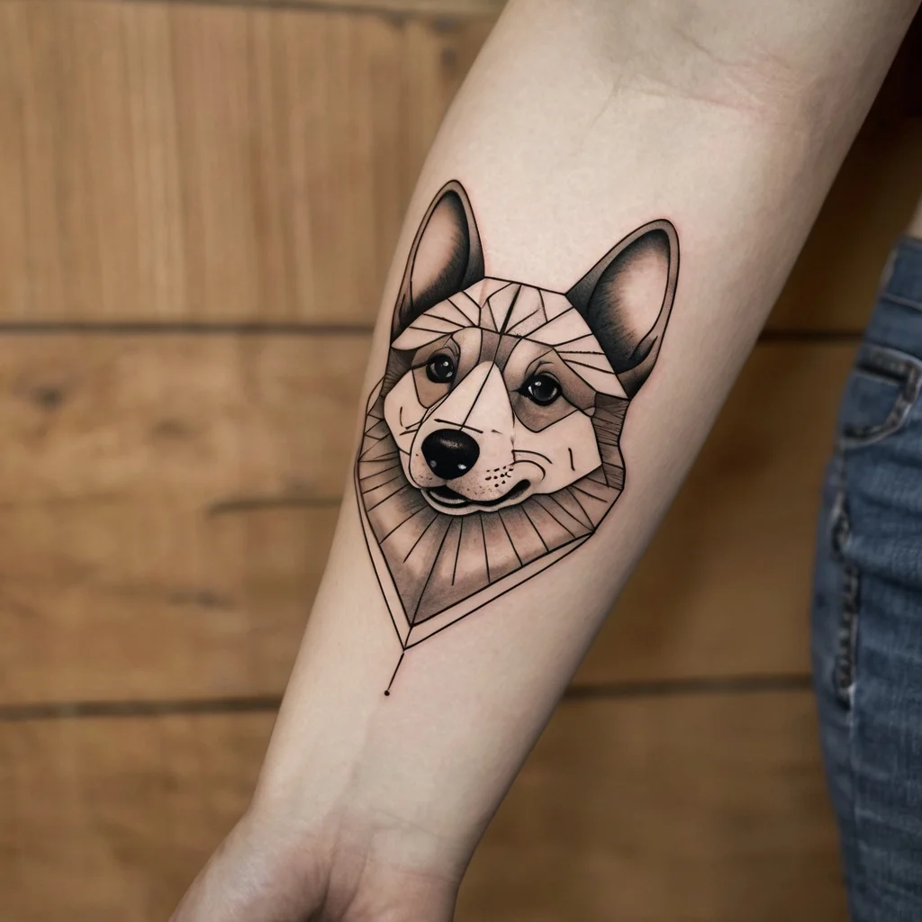 Geometric wolf tattoo with sharp lines and shading, featuring a symmetrical design on the forearm.