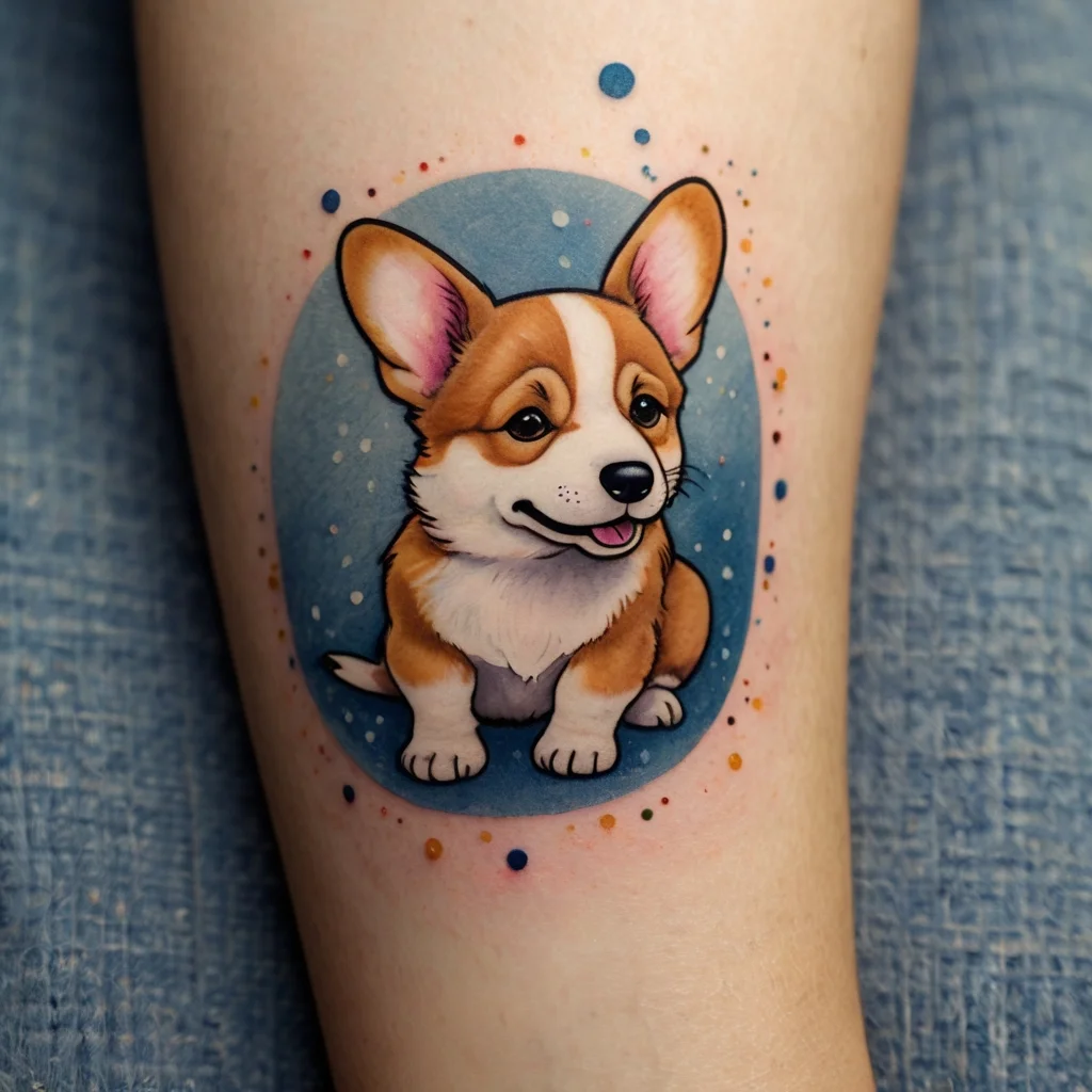 Cartoon Corgi tattoo with a blue background, surrounded by colorful dots and subtle shading for a playful touch.