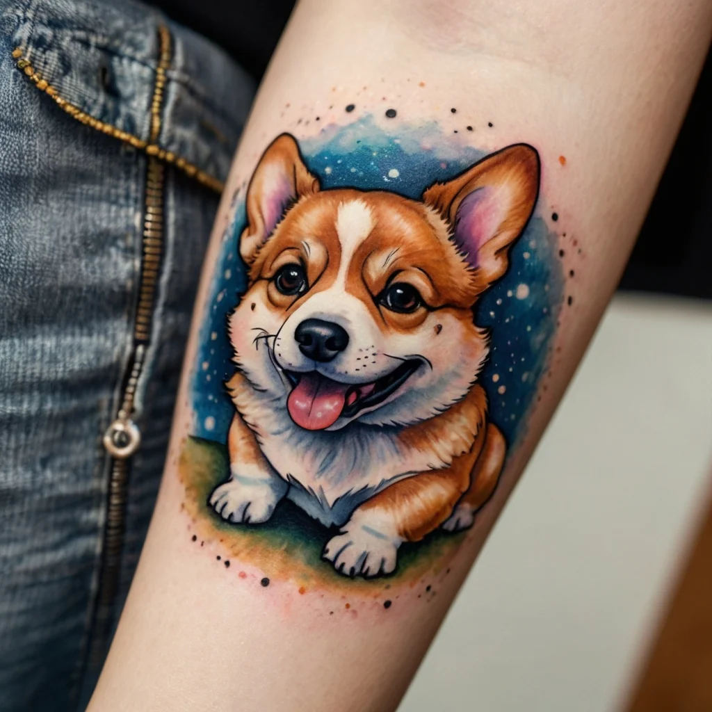 Tattoo of a joyful corgi with vibrant colors and a watercolor background, showcasing artistic detail and playful charm.