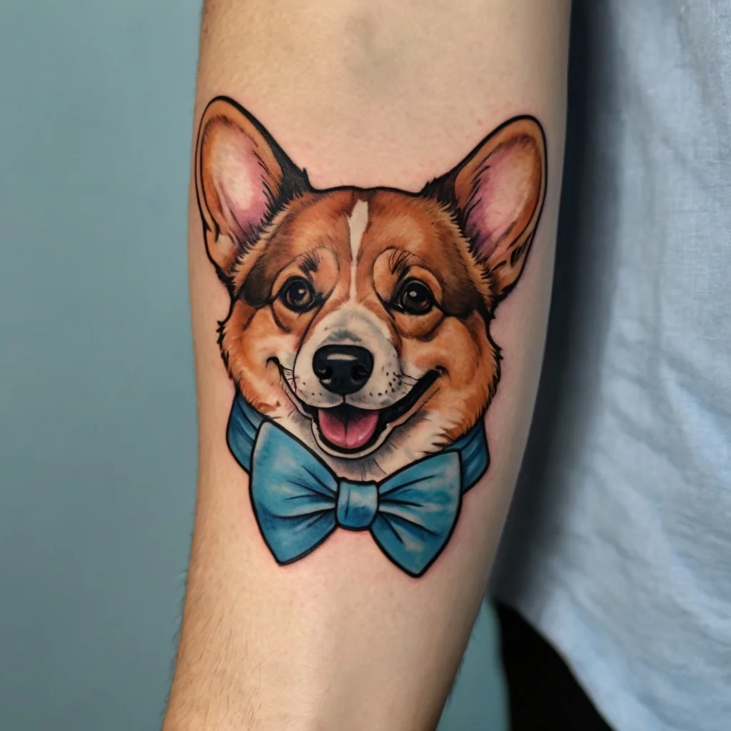 Realistic Corgi tattoo with a vibrant blue bow tie, showcasing detailed shading and expressive features.