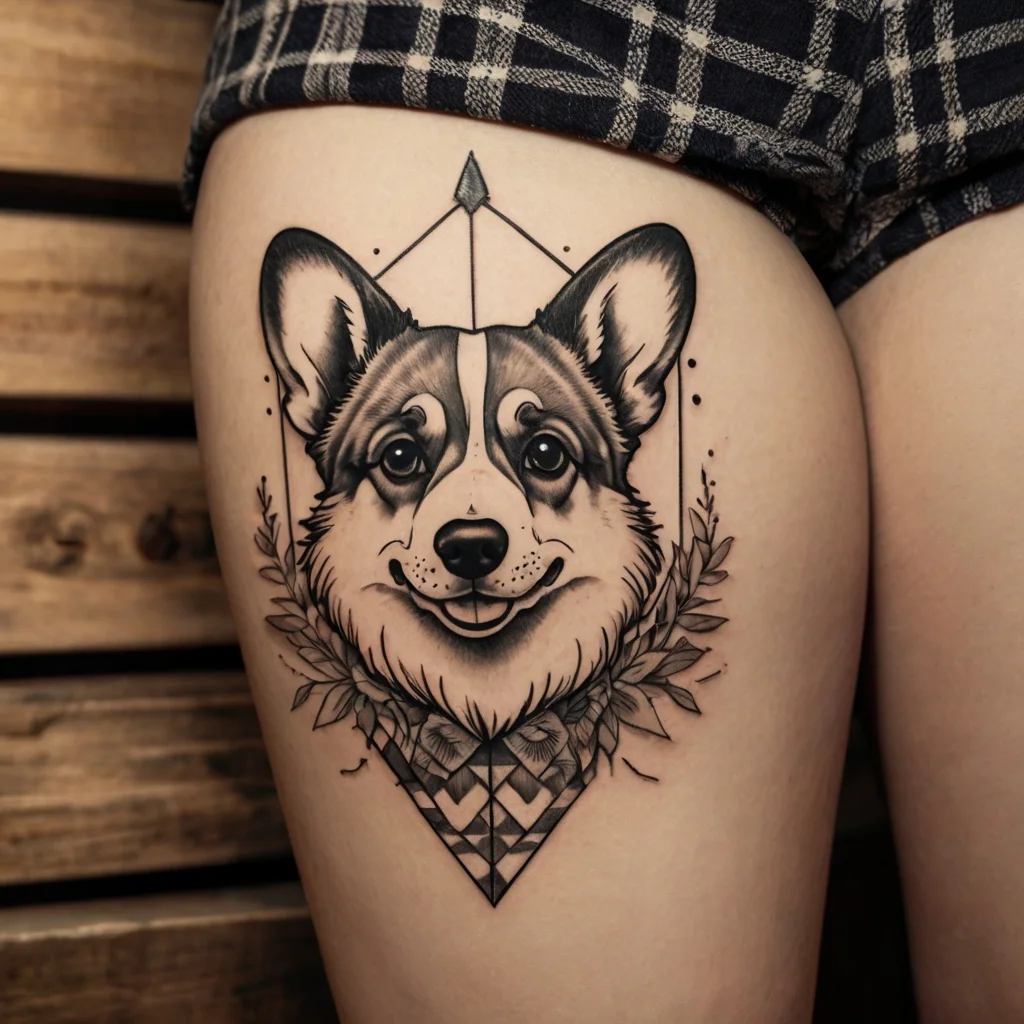 Geometric Corgi tattoo with floral accents and intricate shading on the thigh, framed by sharp lines and dotwork.