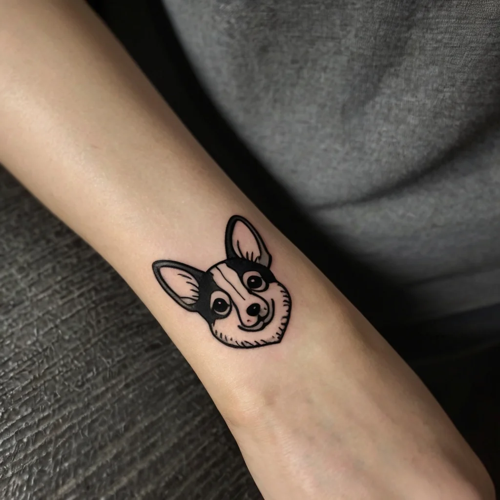 Minimalist black and grey Corgi dog face tattoo on forearm, featuring bold outlines and simplified facial details.