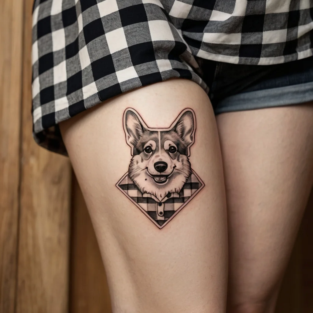 A realistic corgi tattoo in plaid shirt style, blending geometric and portrait techniques on the thigh.