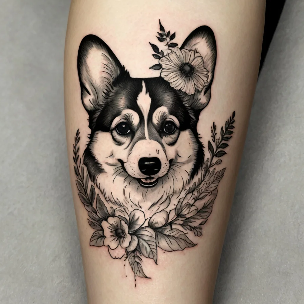 Black and gray tattoo of a corgi surrounded by detailed flowers and leaves, blending realism with artistic linework.