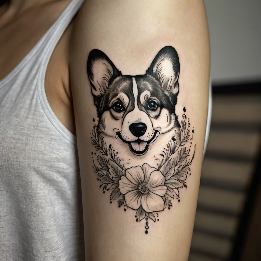 A detailed tattoo of a corgi's face surrounded by ornate foliage and a large central flower on the upper arm.