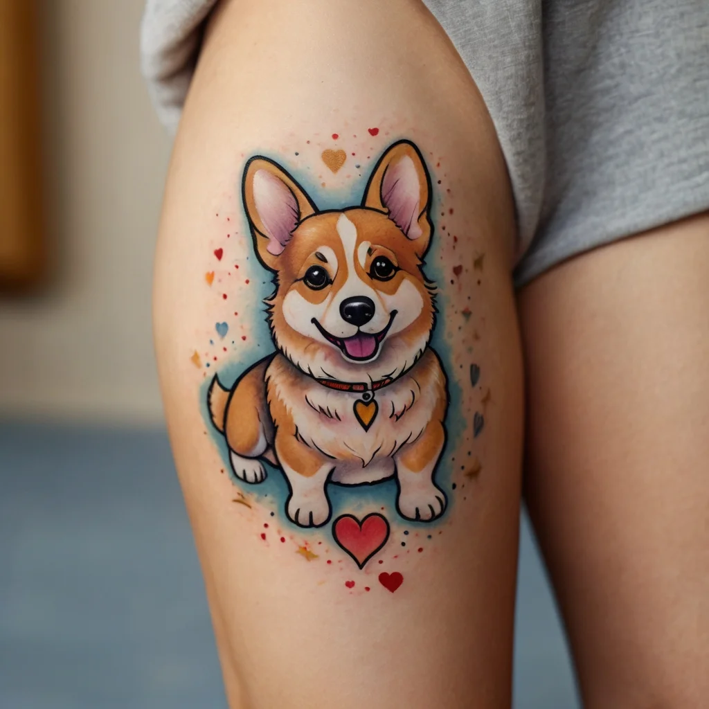 Tattoo of a smiling corgi surrounded by colorful hearts and splashes, adorned with a heart-shaped tag on its collar.