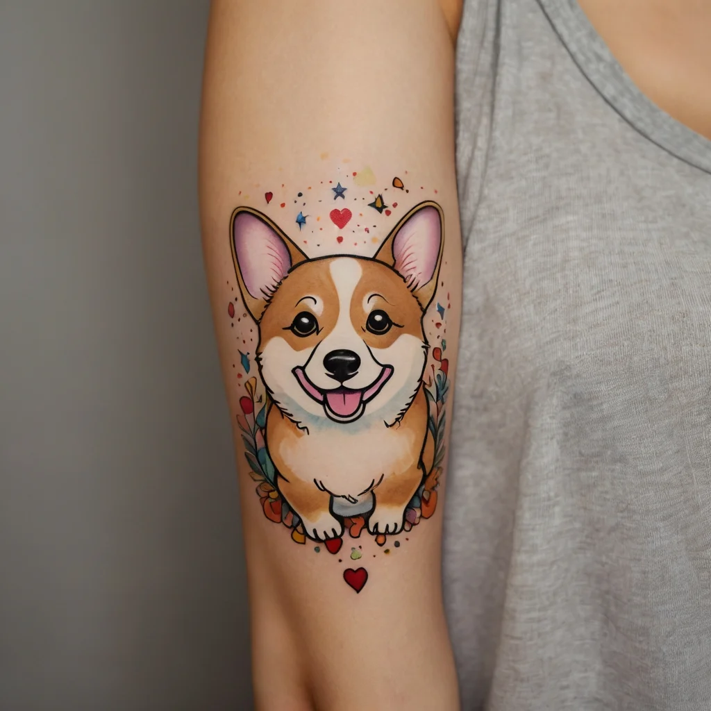 Colorful tattoo of a smiling corgi surrounded by stars and hearts, framed with flowers in a playful, cartoon style.