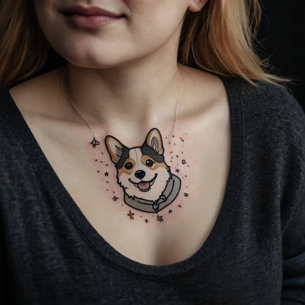 Tattoo of a smiling corgi with a collar surrounded by tiny stars on the chest, symbolizing joy and loyalty.