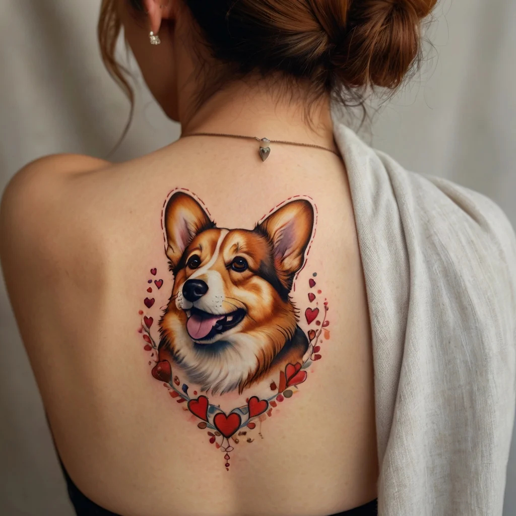 Realistic corgi portrait tattoo with vibrant colors, surrounded by red heart accents, centered on the back.