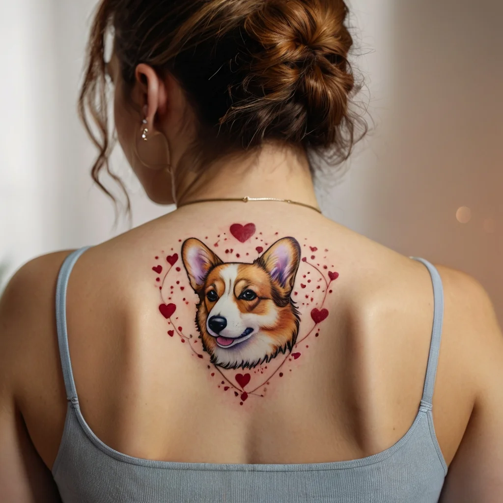 Tattoo of a Corgi face surrounded by red hearts and dots on the upper back, symbolizing love and companionship.