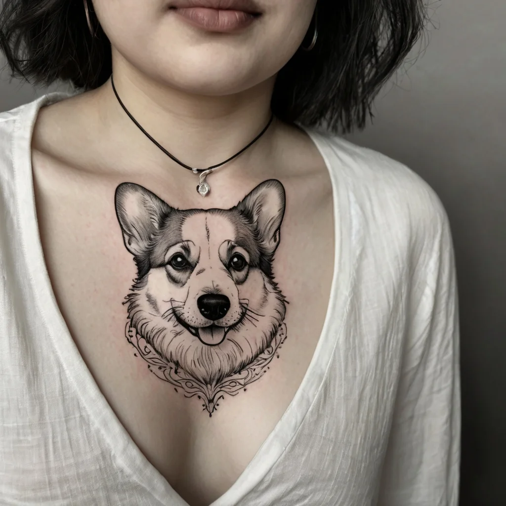 Realistic corgi tattoo on chest, adorned with delicate linework and floral elements, capturing the dog's playful expression.