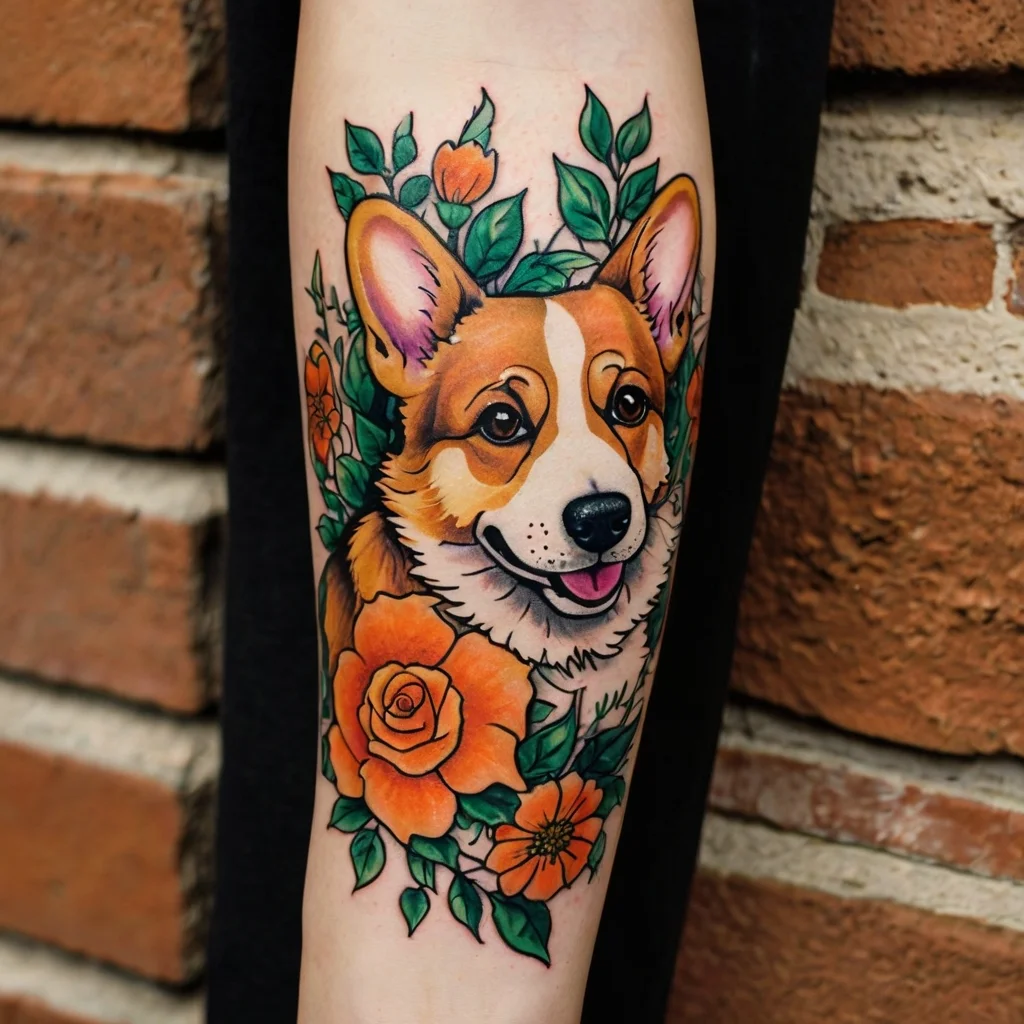 Tattoo of a smiling Corgi surrounded by vibrant orange roses and green leaves on the forearm.