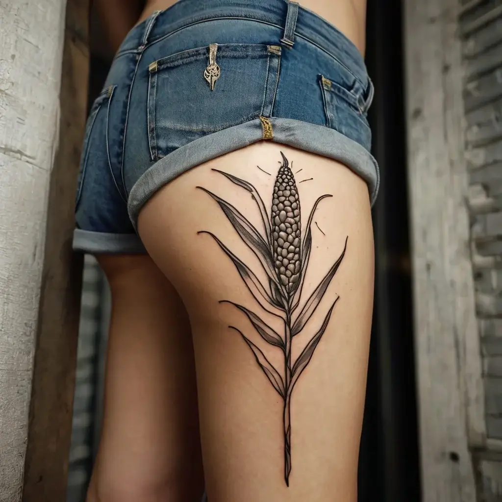 Minimalist corn plant tattoo on thigh, featuring detailed leaves and kernels, symbolizes growth and sustenance.