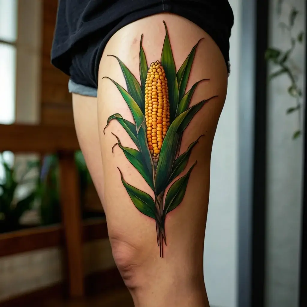 Tattoo of realistic corn on the cob with green leaves on the thigh, showcasing vibrant colors and intricate details.