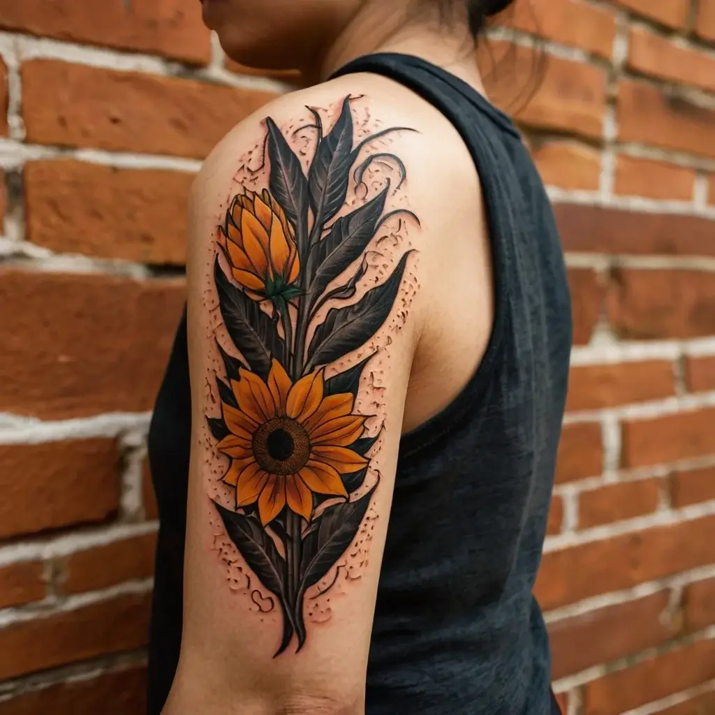 Tattoo of vibrant sunflowers with detailed black leaves on upper arm, set against a brick wall background.