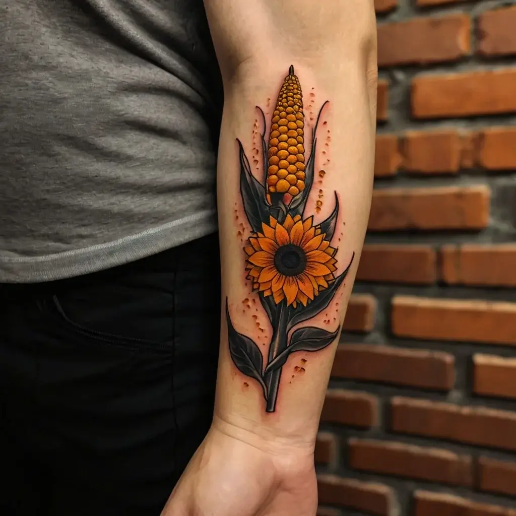 Tattoo of a sunflower integrated with corn, featuring bright orange petals, detailed kernels, and bold black outlines.