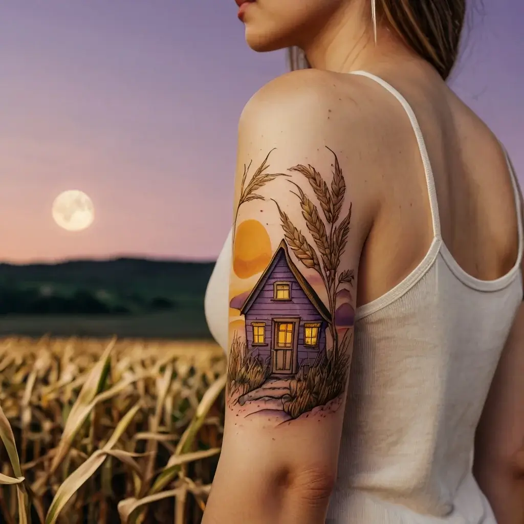 Tattoo of a cozy purple cottage with glowing windows, surrounded by wheat stalks, set against a sunset sky on the arm.