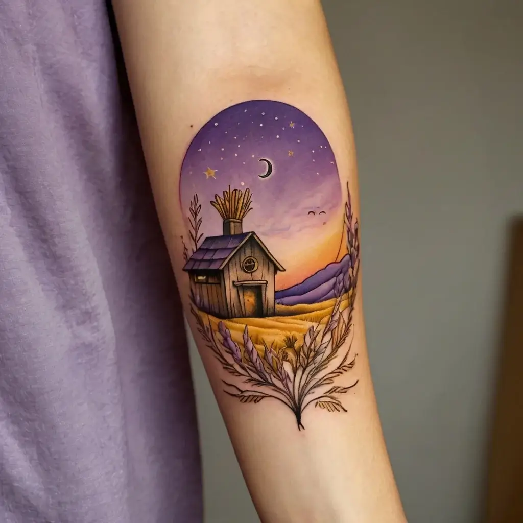 A whimsical tattoo of a cozy cabin in a lavender field under a crescent moon and stars, framed by delicate leaves.