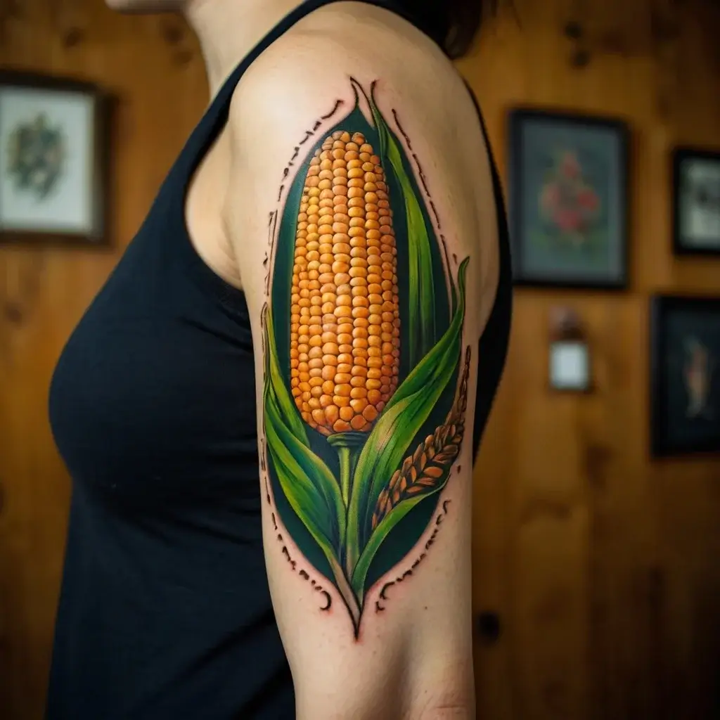 Colorful corn tattoo on upper arm, featuring detailed kernels and green leaves, with black ink accents for contrast.