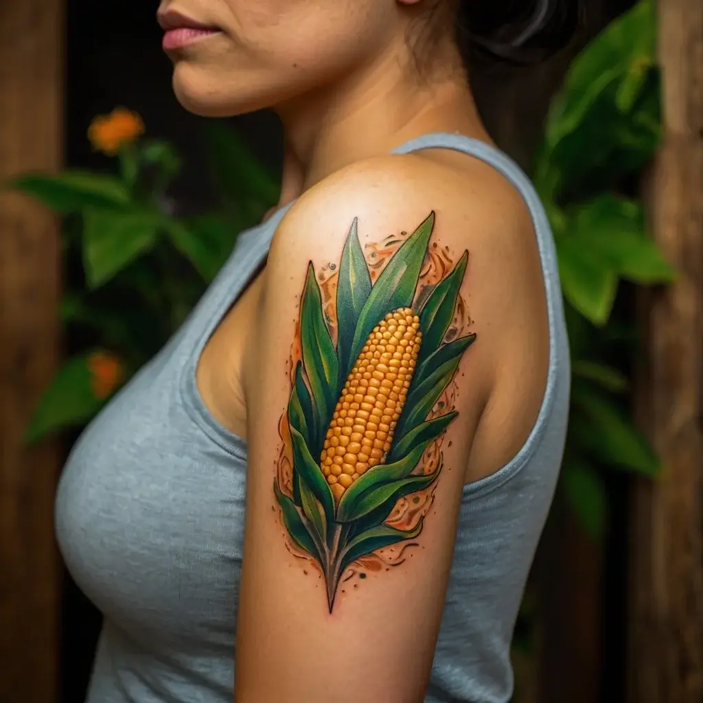 Realistic tattoo of a corn cob with green husks on the upper arm, featuring detailed shading and vibrant colors.