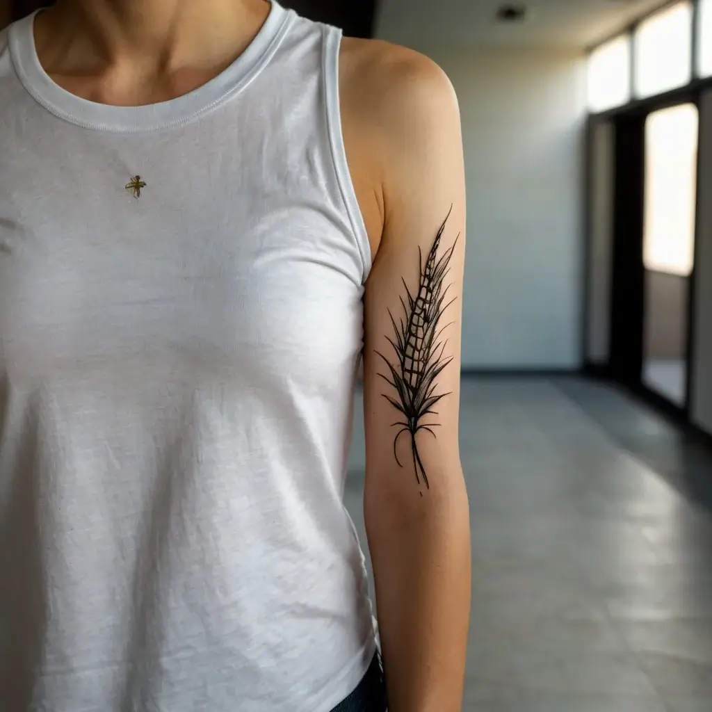 A minimalistic black wheat tattoo on the upper arm, symbolizing growth and resilience, with fine line details.