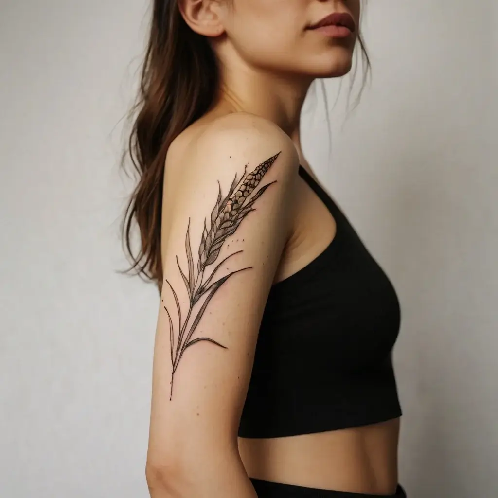 A delicate wheat stalk tattoo on the upper arm, with intricate black line details and honeycomb pattern accents.