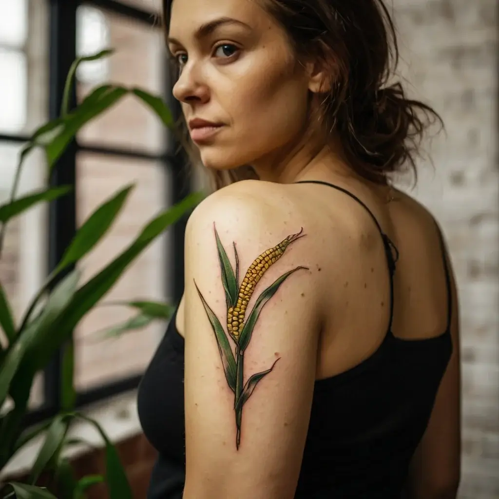 A realistic corn tattoo on the upper arm, featuring detailed yellow kernels and green leaves, symbolizing growth and harvest.