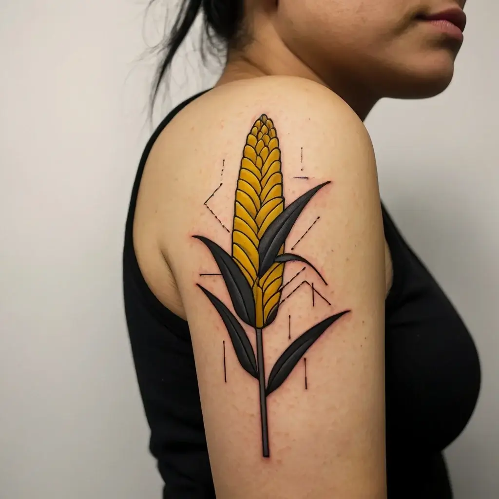 Stylized corn tattoo on upper arm, featuring bold lines with geometric accents in yellow and black tones.