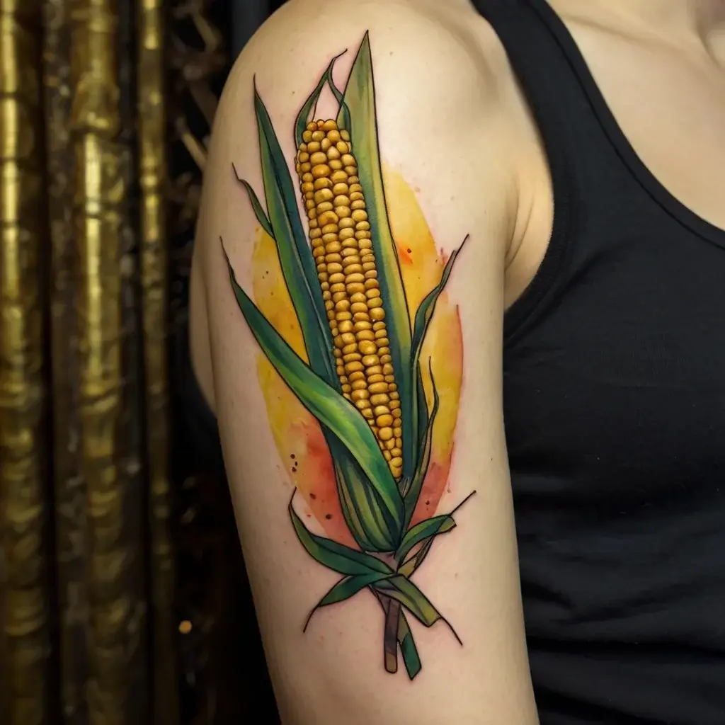 Colorful corn tattoo with vibrant green leaves and yellow kernels, set against an orange watercolor background on an arm.