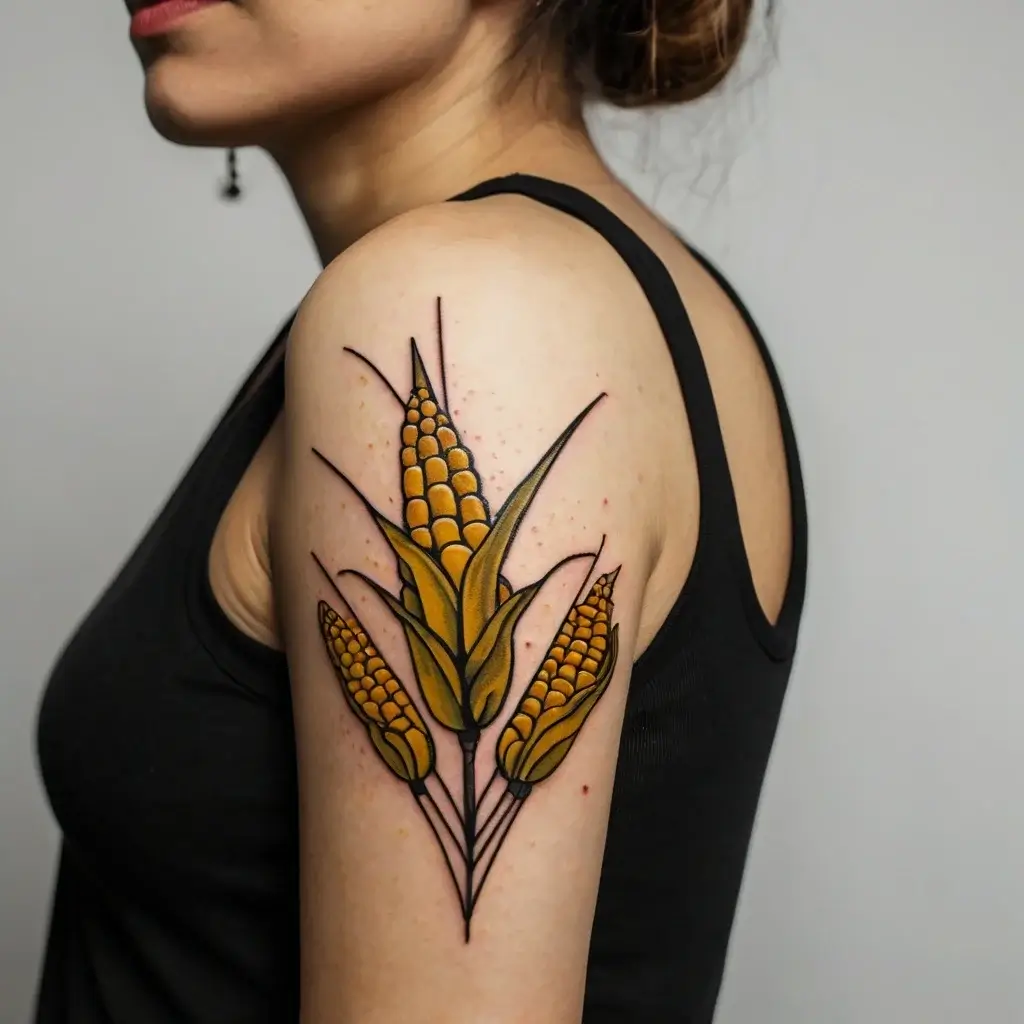 Tattoo of stylized corn stalks in bold colors on arm, featuring bright yellow kernels and dynamic black outlines.