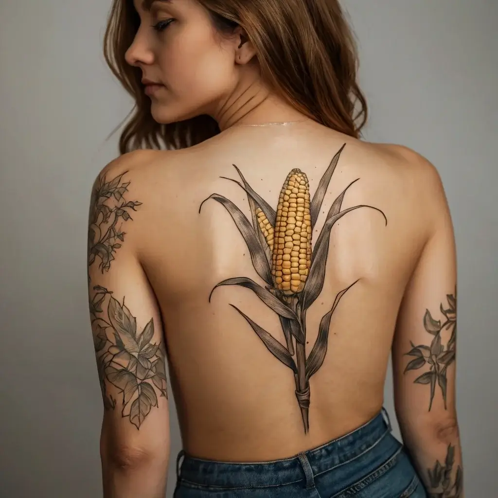 Realistic corn tattoo on back, detailed kernels and leaves in black and yellow; botanical theme extends down arms.