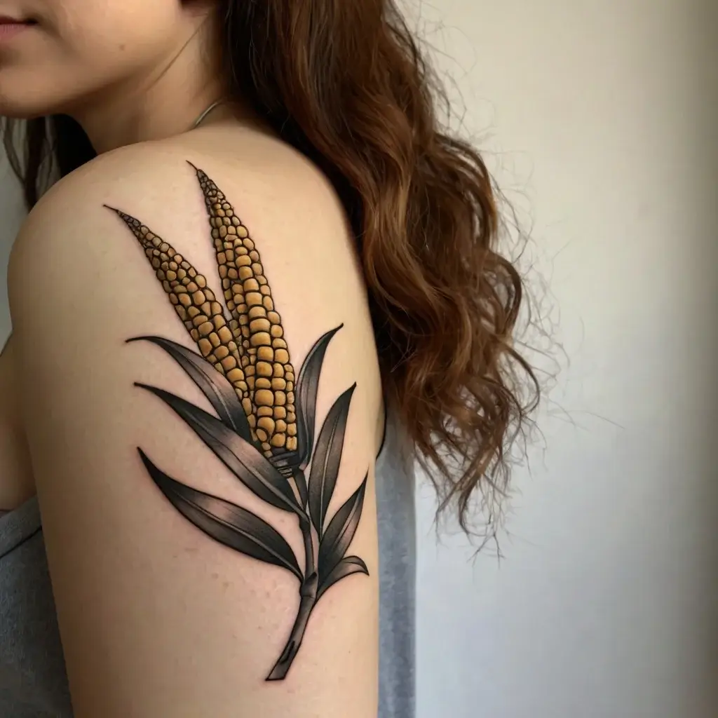 Tattoo of two corn cobs with detailed kernels and stylized black leaves on the upper arm.