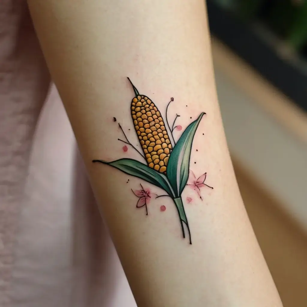 Stylized corn tattoo with detailed husk and vibrant colors, accented by delicate pink flowers and abstract dots.