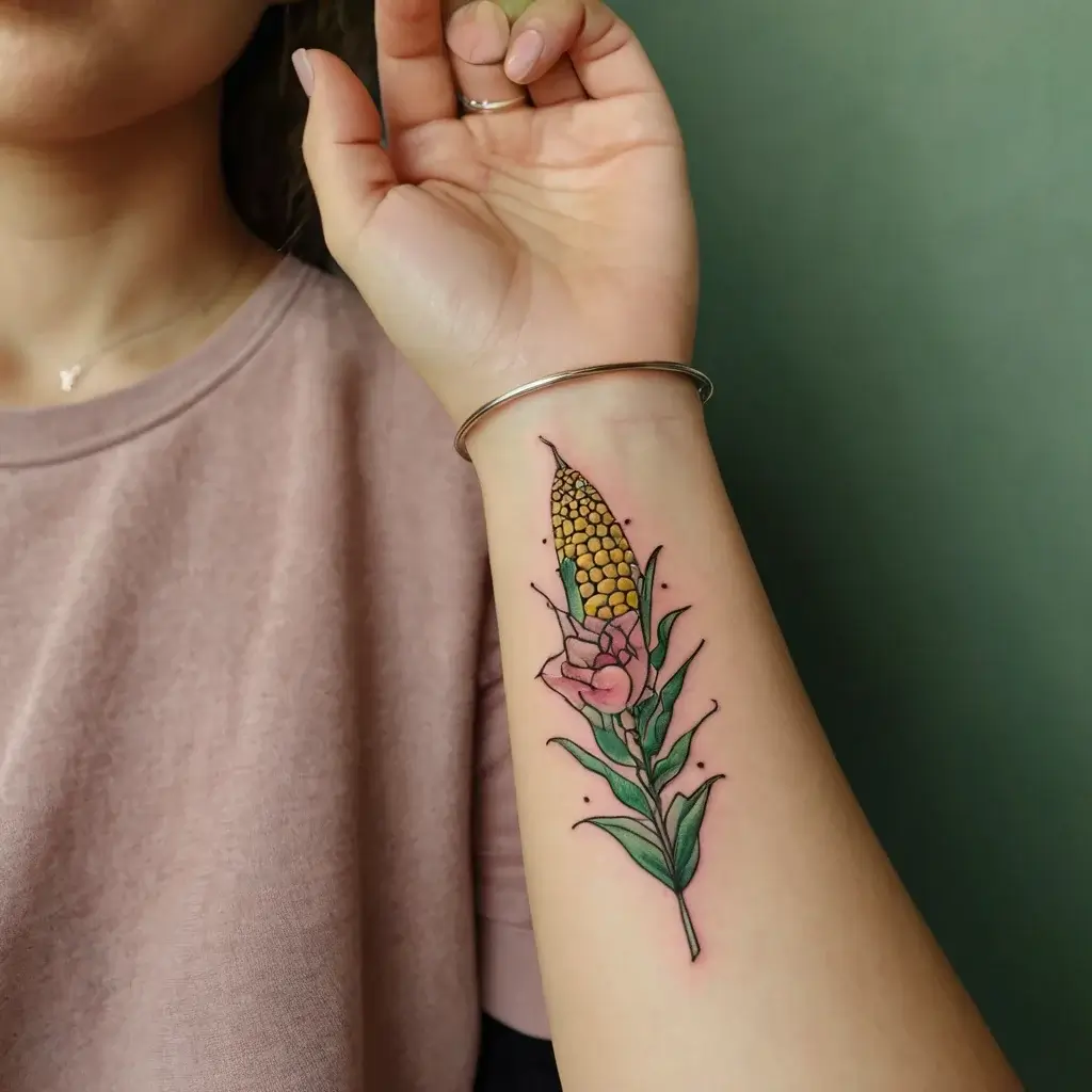 A tattoo of corn with a pink rose and green leaves on the forearm, combining nature elements in a colorful design.