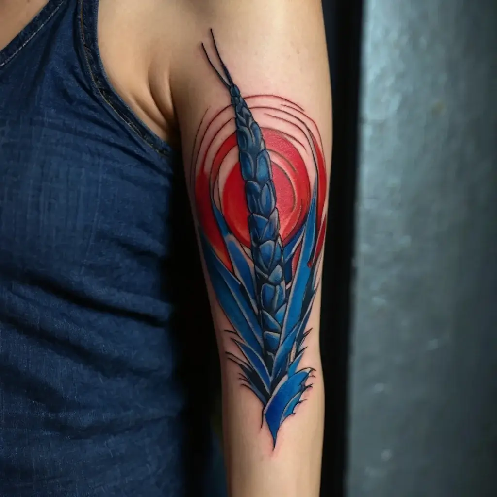 Tattoo of a blue wheat stalk with geometric leaves against a vivid red sunburst background on the upper arm.