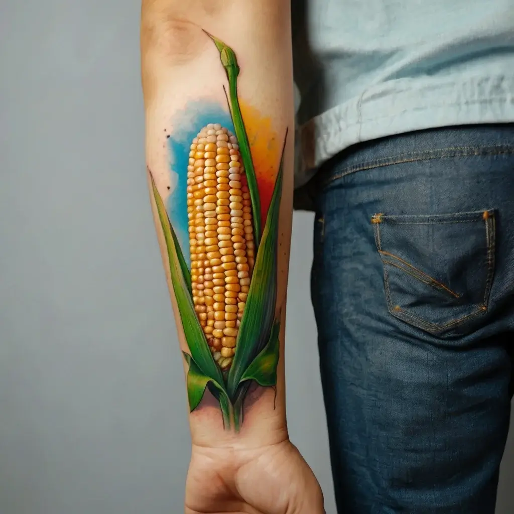 Realistic corn tattoo on forearm with vibrant yellow kernels, green husk, and colorful watercolor background.