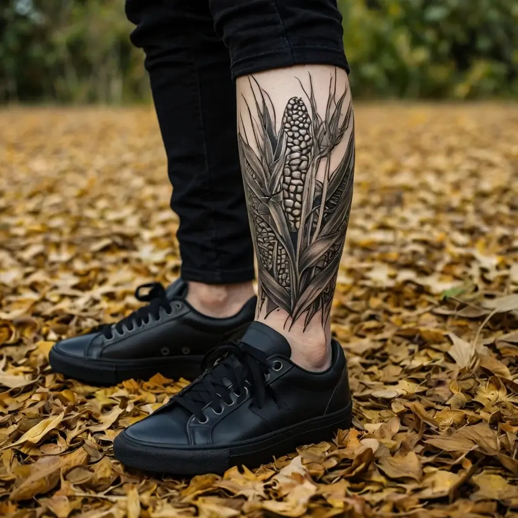 Realistic corn tattoo on leg with detailed husks and kernels, blending organic flow and intricate shading.