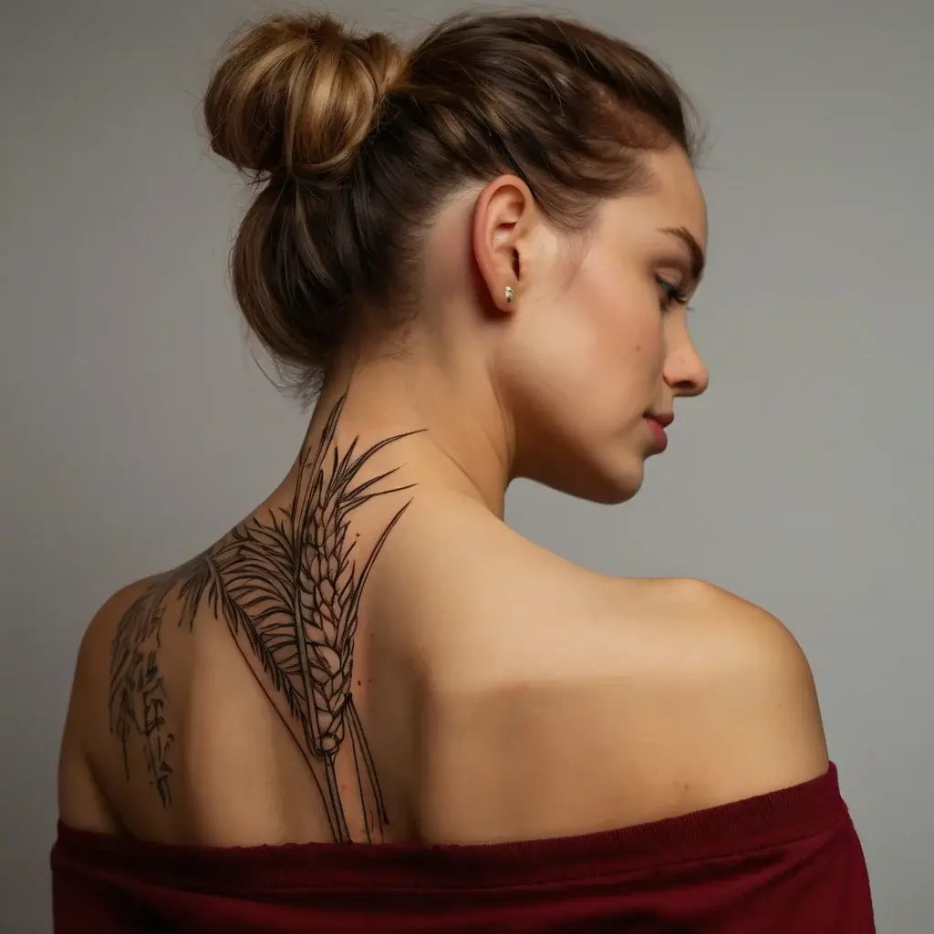 Tattoo of detailed wheat stalks in bold black lines extends from neck to shoulder, emphasizing nature and growth.