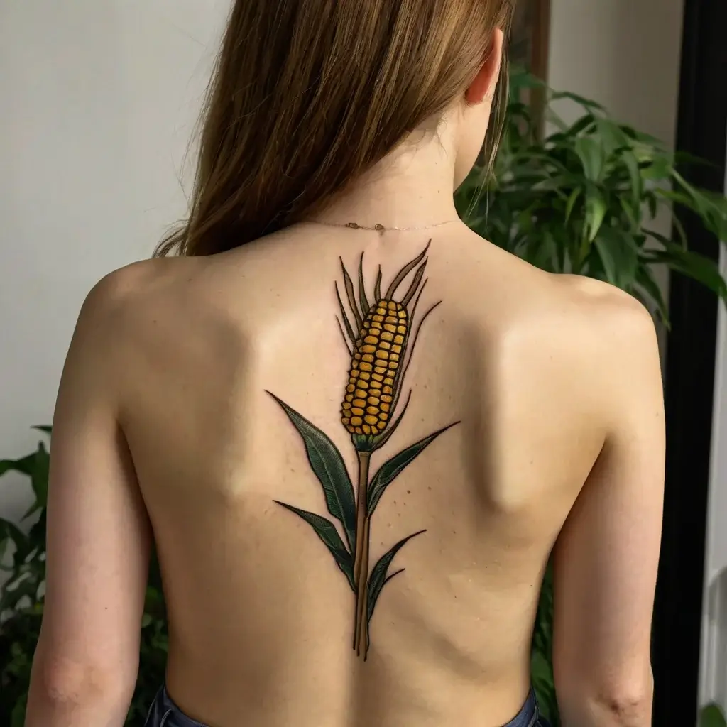 A vibrant corn tattoo on the upper back, detailed with yellow kernels and green leaves, symbolizing growth and abundance.