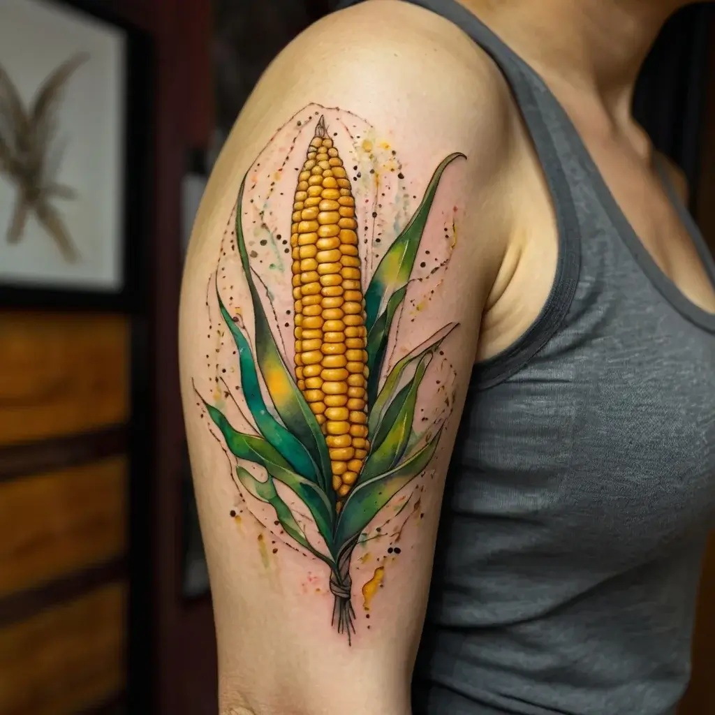 Colorful corn tattoo with vibrant kernels and green leaves on upper arm; surrounded by splashes of yellow and black.