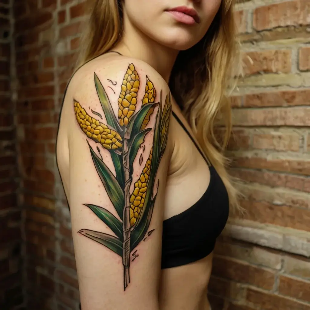 Colorful corn tattoo on upper arm, depicting three vibrant yellow ears with lush green leaves against a brick wall backdrop.