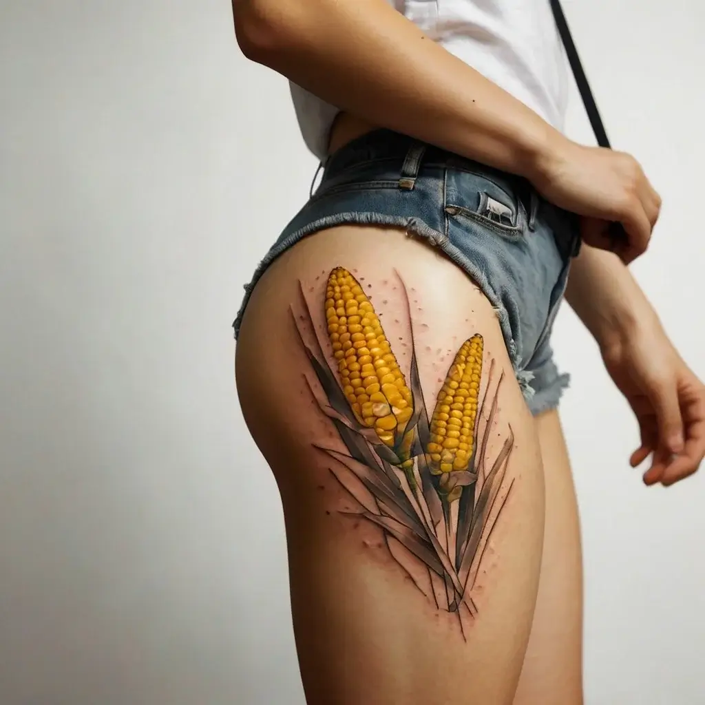 Realistic tattoo art of two corn cobs with detailed kernels and leaves, located on the upper thigh.