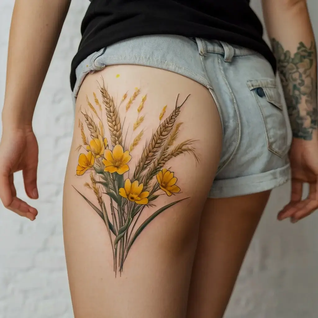 Thigh tattoo of wheat stalks with vibrant yellow flowers, detailed in a naturalistic style, symbolizing harvest and growth.