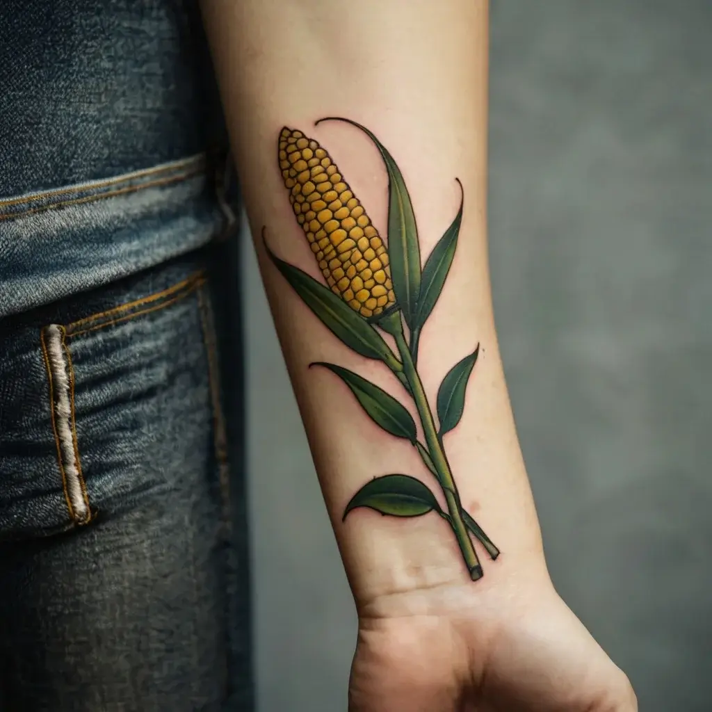 Tattoo of a detailed corn stalk with green leaves and yellow kernels on forearm, showcasing realism and vibrant color.