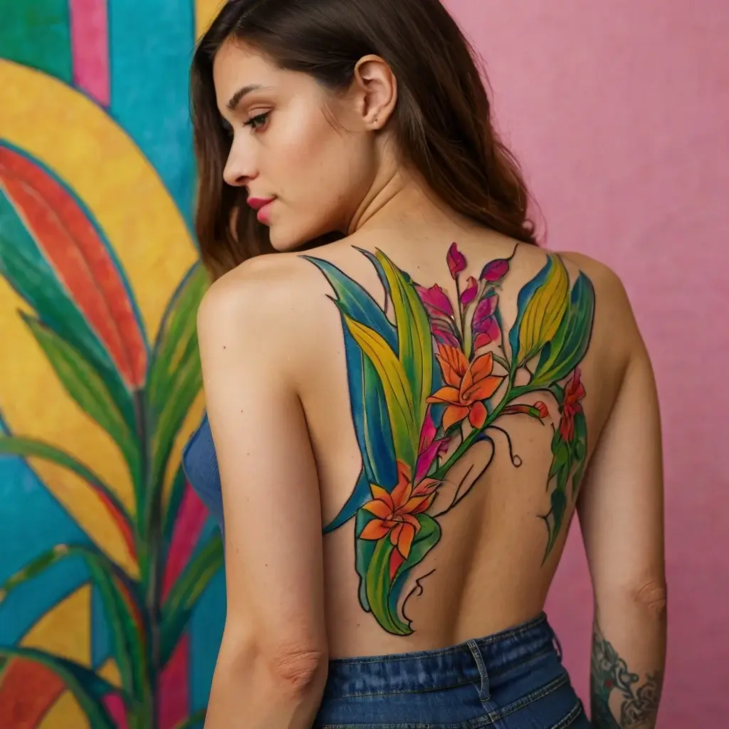 Vibrant tropical floral tattoo with orange lilies and lush green leaves spreading across the upper and mid-back.