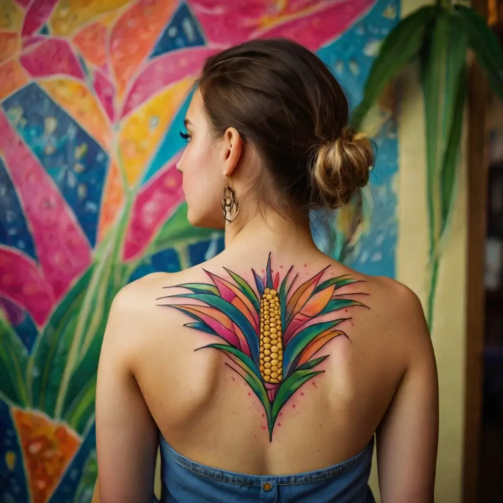 Colorful tattoo of a corn plant on a back, with surrounding vibrant leaves in blue, green, yellow, and pink hues.